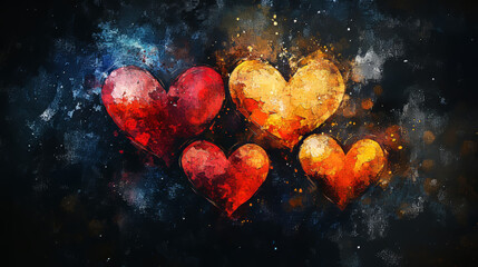 Obraz premium Abstract Watercolor Hearts: Red, Orange, and Gold