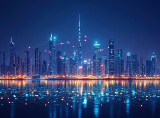 Obraz premium Night cityscape, illuminated skyscrapers connected by glowing network lines reflecting on calm water, futuristic city at night.