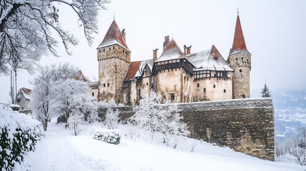 Obraz premium Snow-Covered Medieval Castle in Winter