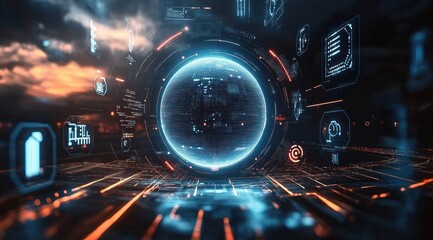 Futuristic Digital Landscape with Holographic Globe and Technology Icons in Cyberpunk Style