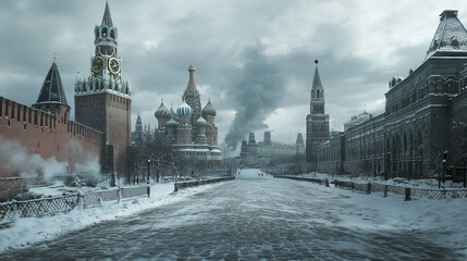Snowy Red Square in Moscow with Kremlin and St. Basil’s Cathedral