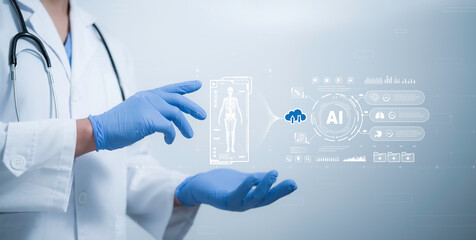 Doctor in gloves interacting with futuristic AI-powered medical graphics, showcasing digital health...