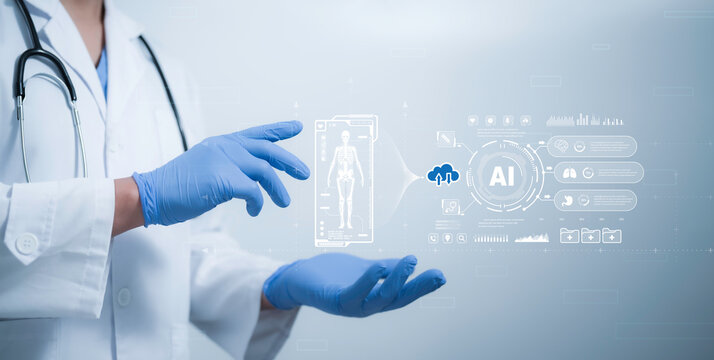 Doctor in gloves interacting with futuristic AI-powered medical graphics, showcasing digital health transformation, including patient records, diagnostics, and data visualization