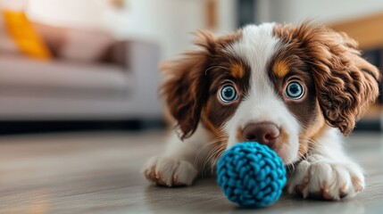 A playful puppy with a blue toy, showcasing curiosity and joy.