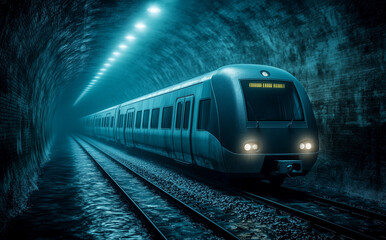 Fototapeta premium A train is traveling through a tunnel. The tunnel is dark and the train is the only source of light