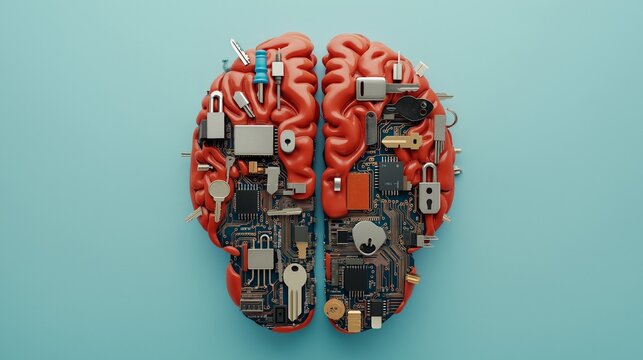 privacy data encryption surveillance concept. A creative depiction of the human brain with electronic components and circuitry.