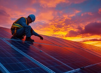 Silhouette of a solar panel technician inspecting solar panels at sunset, showcasing renewable energy and skilled labor.