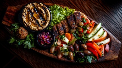 A vibrant platter of Mediterranean appetizers and dips.