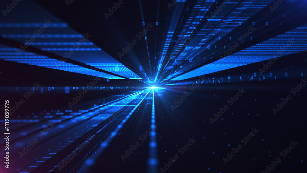 Aufkleber Blue cyberspace with digital light beam surrounded by binary code and futuristic gridlines, symbolizing advanced technology and data transfer. Technology abstract background 3d Rendering