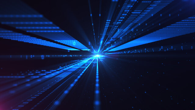 Blue cyberspace with digital light beam surrounded by binary code and futuristic gridlines, symbolizing advanced technology and data transfer. Technology abstract background 3d Rendering