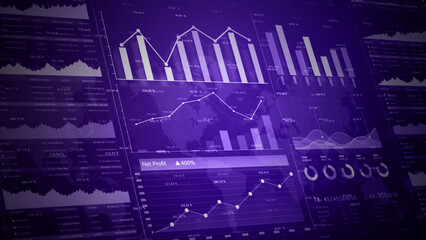 Financial graphs and charts in futuristic, showcasing data analytics, profit growth, and global market insights. Information on strategy for business and economic investment 3d Rendering