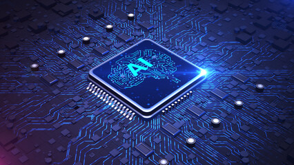 Chip integrated into a futuristic circuit board with intricate blue pathways, symbolizing artificial intelligence and computing technology. Big data transmission connection background 3d Rendering
