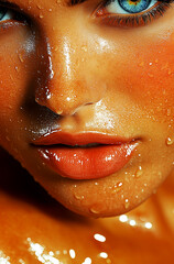 Obraz premium A woman with a blue eye and a tan face is shown with her face wet. The image has a warm and inviting mood, with the woman's features highlighted by the water droplets on her face