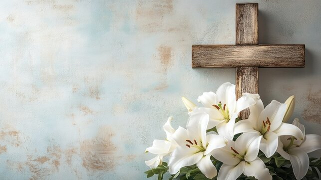 Christian Wooden Cross and White Lilies Against Muted Background for Funeral Invitation Template