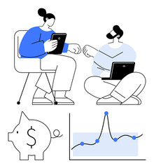 Two colleagues fist bump, holding tablets, symbolize teamwork and success. Graphs and piggy bank convey financial growth and savings. Ideal for business, finance, teamwork, strategy, analysis