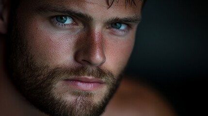 Obraz premium Close-up portrait of a man with intense blue eyes and beard.