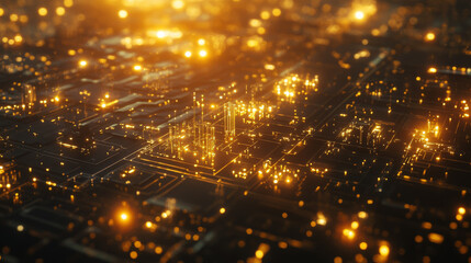 Obraz premium Golden Futuristic Cityscape: Networked Factories and Makerspaces