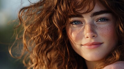 Naklejka premium Close-up portrait of a young woman with curly red hair and freckles, smiling gently.