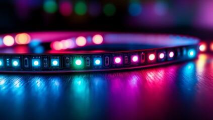 Colorful LED strip light coiled on dark surface.