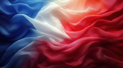 Obraz premium Wavy Silk Fabric Background in French Flag Colors, Abstract Digital Design of Blue White Red, Motion Elegance Illustration