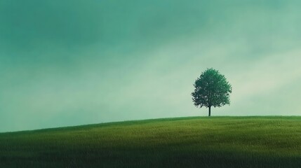 Obraz premium Solitary tree on a grassy hill under a moody sky.