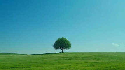 Obraz premium Solitary tree on a vast green field under a clear blue sky.