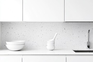 White Kitchen Countertop Bowls and Utensils