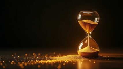 Glittering hourglass marking the countdown; golden sands flow into the future, a glowing symbol of time’s transition to the New Year in elegance and light