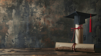 A graduation congratulation celebration showcasing a certificate and a mortar board in a copy.