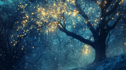 Obraz premium Fantasy landscape background, towering mystical trees wrapped in shimmering light. Ethereal lighting highlights enchanted details, creating a dreamlike fantasy world