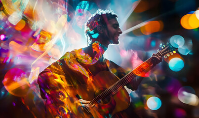 Fototapeta premium A musician playing guitar, surrounded by vibrant, colorful lights and a dreamy atmosphere.
