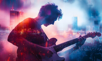 A musician playing guitar against a vibrant cityscape backdrop.