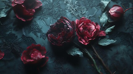 Dark Red Roses Resting on a Teal Lace Background