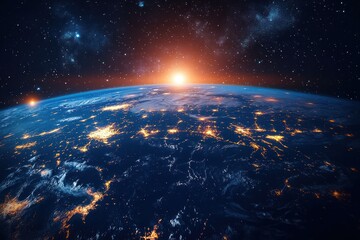 Obraz premium Aerial Night View of Earth from Space with Illuminated Cities and Cosmic Background