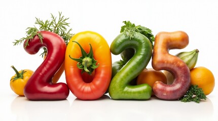 numbers 2025 stacked from different vegetables and fruits at white background