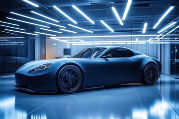 Fototapeta premium Mystery Sedan Presentation Covered in Fabric Under Cool Lighting in a Minimalist Showroom