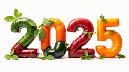 numbers 2025 stacked from different vegetables and fruits at white background