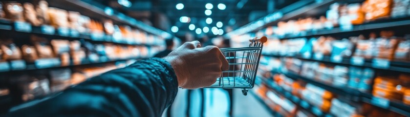Shopping experience in supermarket aisle handheld cart perspective in a vibrant retail environment