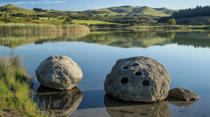 Serene Lakeside Moeraki Boulders: Hexagonal Patterns, Calm Waters, Scenic Landscape