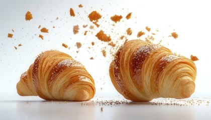 Fresh Croissants with Flying Crumbs in Soft Light