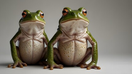 frog stands upright on two feet with its hands folded in front of its chest, resembling an old man’s thoughtful expression. Set against a white background, perfect for creative and humorous stock imag