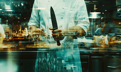 A chef holding a knife in a busy kitchen, showcasing culinary skills and preparation.