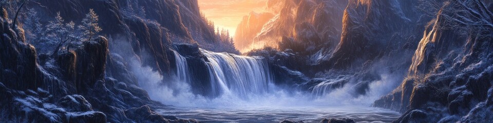Fototapeta premium Majestic Waterfall Cascading Through Snowy Mountain Gorge