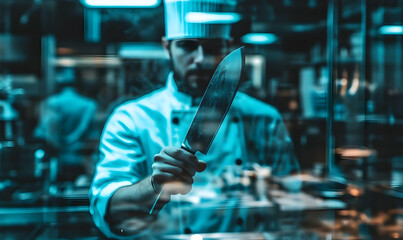 A chef holding a large knife in a professional kitchen setting.