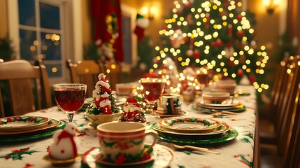 Festive Christmas Table Setting With Decorated Dishes