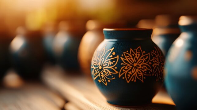 Artisan pottery showcase artisan studio photography warm lighting close-up craftsmanship and tradition - Powered by Adobe