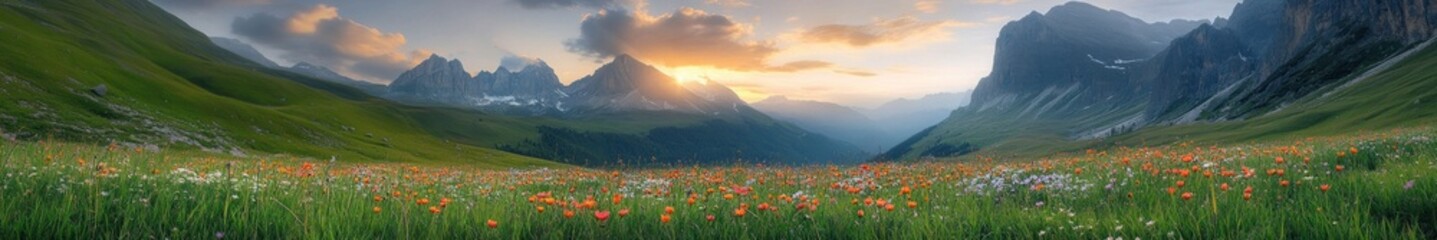 Fototapeta premium Mountain Meadow Sunset Wildflowers Blooming Landscape