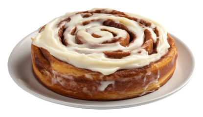 Cinnamon roll with cream cheese frosting on a white plate, close-up. Delicious pastry and dessert concept