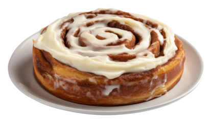 Cinnamon roll with cream cheese frosting on a white plate, close-up. Delicious pastry and dessert concept