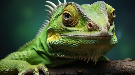 Fototapeta premium Cute Chameleon on a Green Background with Space for Copy 